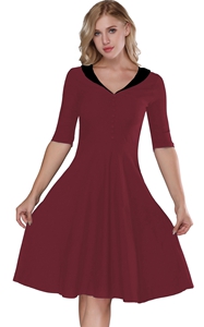 F2529-2 Wine Red & Black   Retro Vintage Style Cocktail Party Swing Dress